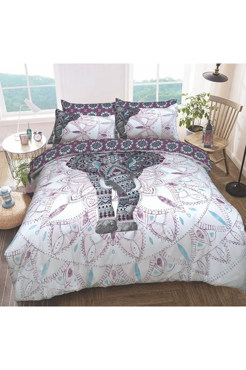 Elephant Mandala Purple Reversible Duvet Cover Set with Pillow Cases, Easy Care, Double