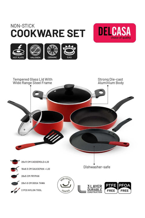 8Pc Nonstick Cookware Set Casserole+ Lid, Sauce pan+ Lid, Frypan, Dosa Tawa, 2pcs nylon tool