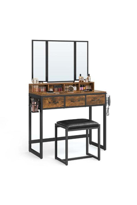 Dressing Table with Mirror and Stool, Vanity Table with Tri-Fold Mirror, 3 Drawers, Hair Dryer Holder, Makeup Desk, Industrial Style, Rustic Brown and Black