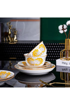 12-Piece Gold and White Floral Pattern Ceramic Dinnerware Set - Microwave & Dishwasher Safe