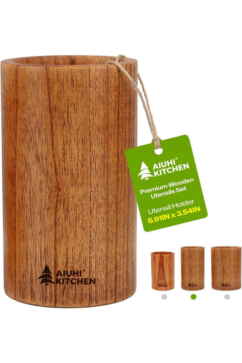 AIUHI Wood Utensil Holder for Kitchen Counter, Wooden Utensil Crock, Kitchen Utensil Organizer, 5.9"x 3.5" Large Spatula and Spoon Holders