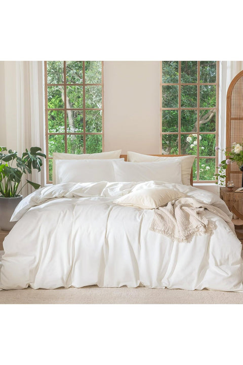 Bedding Duvet Cover Set 100% Washed Cotton Linen Like Textured Breathable Durable Soft Comfy (Off White, Queen)