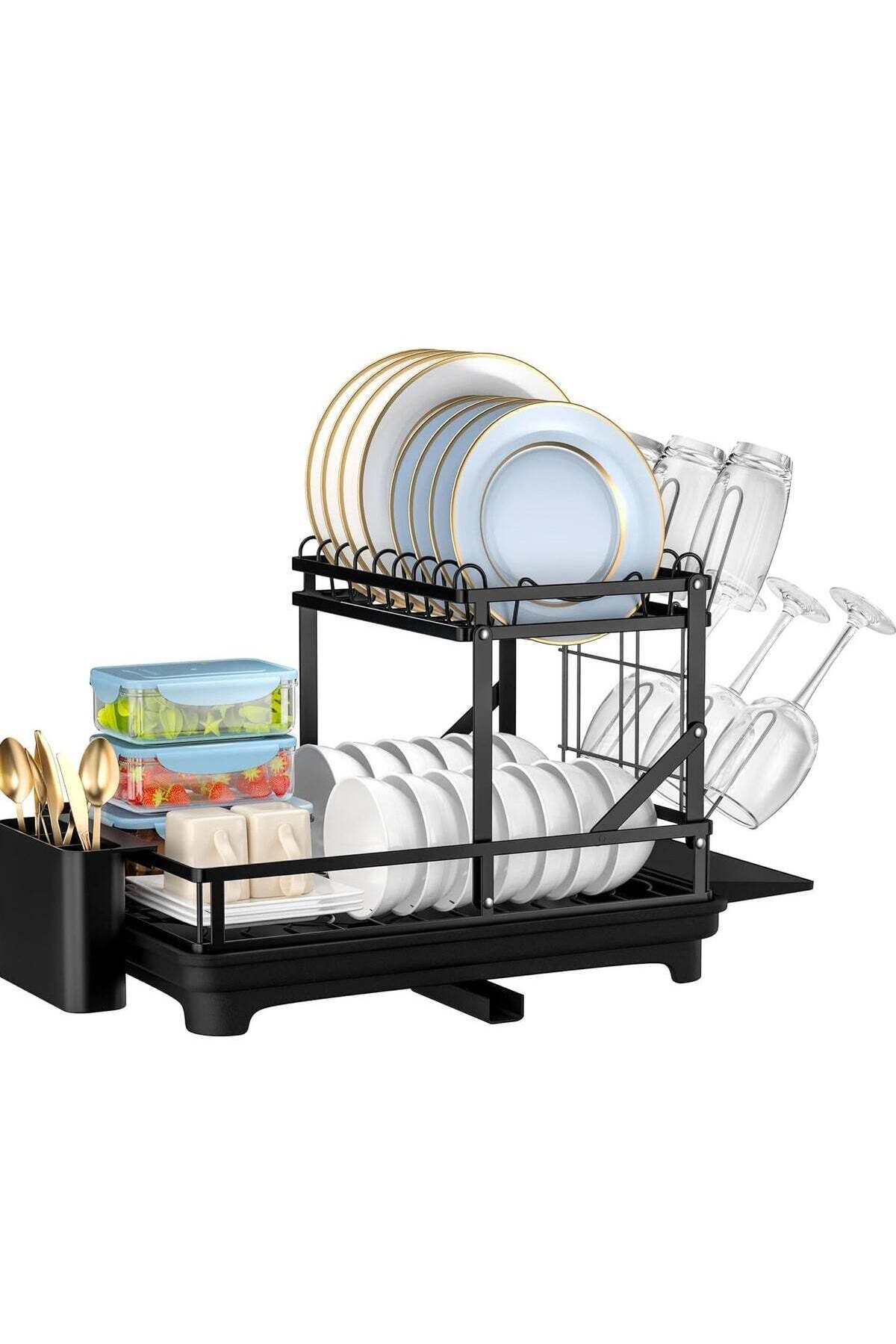 Dish Drying Rack, Multifunctional Dish Rack, Rustproof Kitchen Dish Drying Rack with Drainboard, Space-Saving 2-Tier Dish Drying Rack with a Large Capacity for Kitchen Counter Black