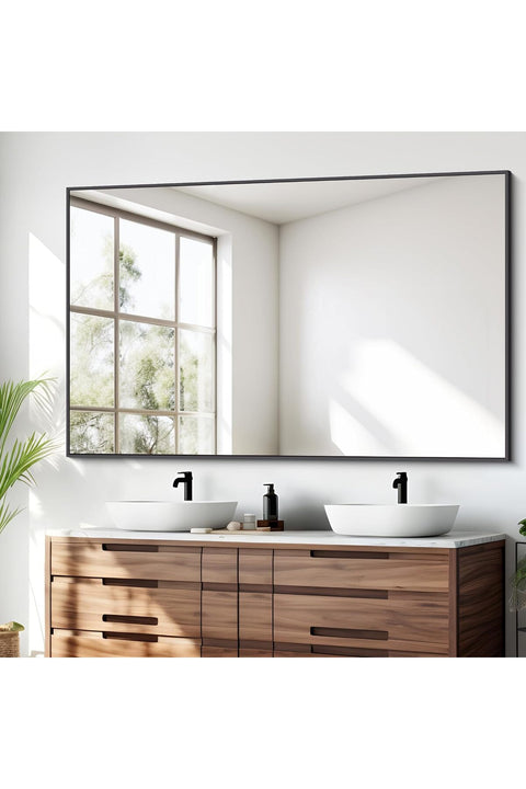 VPARTY 30x48 inch Bathroom Mirror, Black Rectangle Mirror, Wall Mounted Bathroom Frame Vanity Mirror with Square Corner for Bedroom Living Room, Entryway Hangs Horizontal (Black-Square Corner, 75x120c
