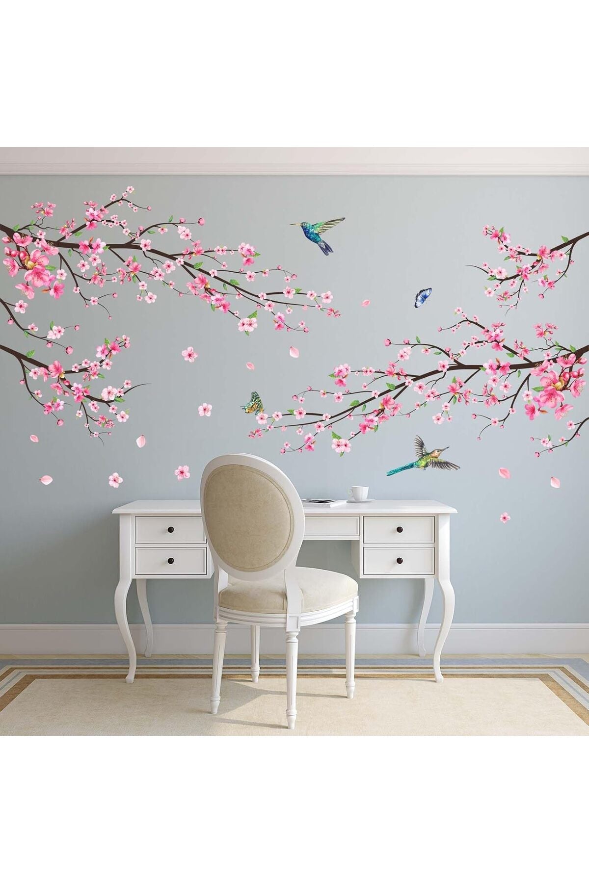 Pink Watercolor Cherry Blossom Wall Stickers - Tree Branch Flower Birds Wall Decals - Bedroom Living Room Sofa TV Background Home Wall Decor