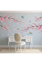 Pink Watercolor Cherry Blossom Wall Stickers - Tree Branch Flower Birds Wall Decals - Bedroom Living Room Sofa TV Background Home Wall Decor