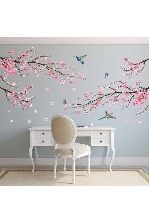 Pink Watercolor Cherry Blossom Wall Stickers - Tree Branch Flower Birds Wall Decals - Bedroom Living Room Sofa TV Background Home Wall Decor