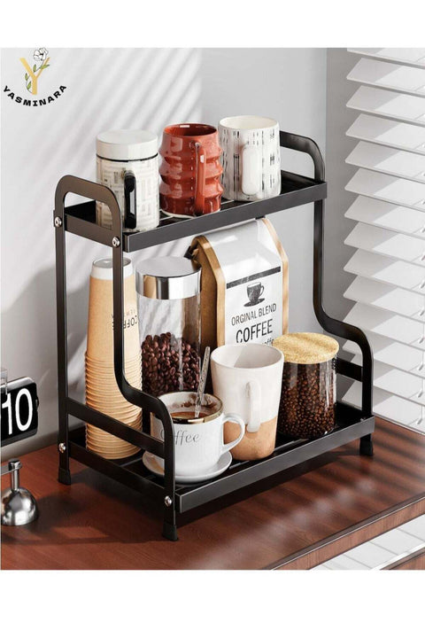 2-Tier Metal Organizer Rack, Cups Mugs Plates Dry Rack,Kitchen Spice Storage Rack ,Bathroom Organizer Shelf,Spacious Anti-Rust Rack for Countertop Cabinet ,Black
