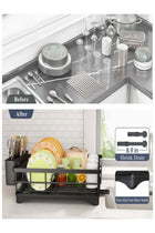 Stainless Steel Dish Rack for Kitchen Counter, Large-Capacity Dish Drainer with Cutlery Holder, Kitchen Organizer for Dishes, Spoons and Forks, Black