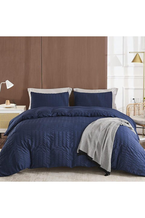 Seersucker Duvet Cover Set Queen Size (90 x 90 inches), 3 Pieces, Navy Blue Ultra Soft Washed Microfiber