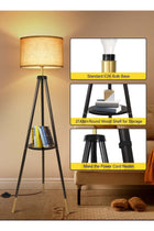 Solid Wooden Tripod Floor Lamp, 12W LED Bulb, Remote, Dimmable, 4 Color Temps, Timer, Shelf, Black