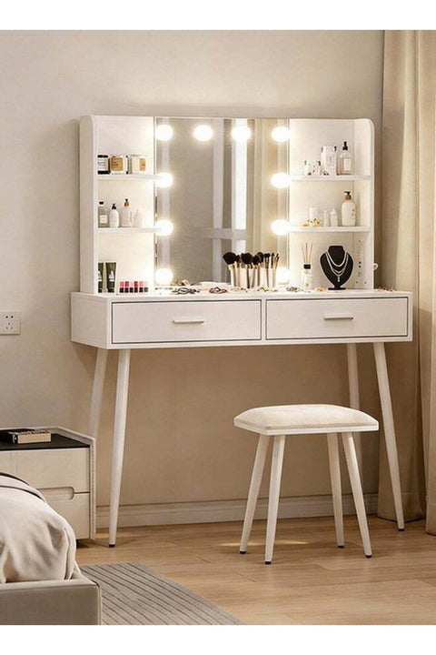Dressing Table with Lamp and Mirror, 100cm Vanity Table with Soft Stool, Large Modern Toilet Table with Drawers and Shelves, Family Makeup Table Set