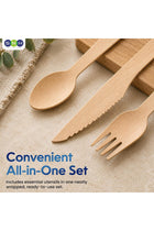 Disposable Bamboo Fork, Spoon and Knife with Napkin Cutlery Set 100-Pieces, Wooden