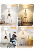 Solid Wooden Tripod Floor Lamp, Bulb Included, Remote Control, Dimmable, Timer, Storage Shelf