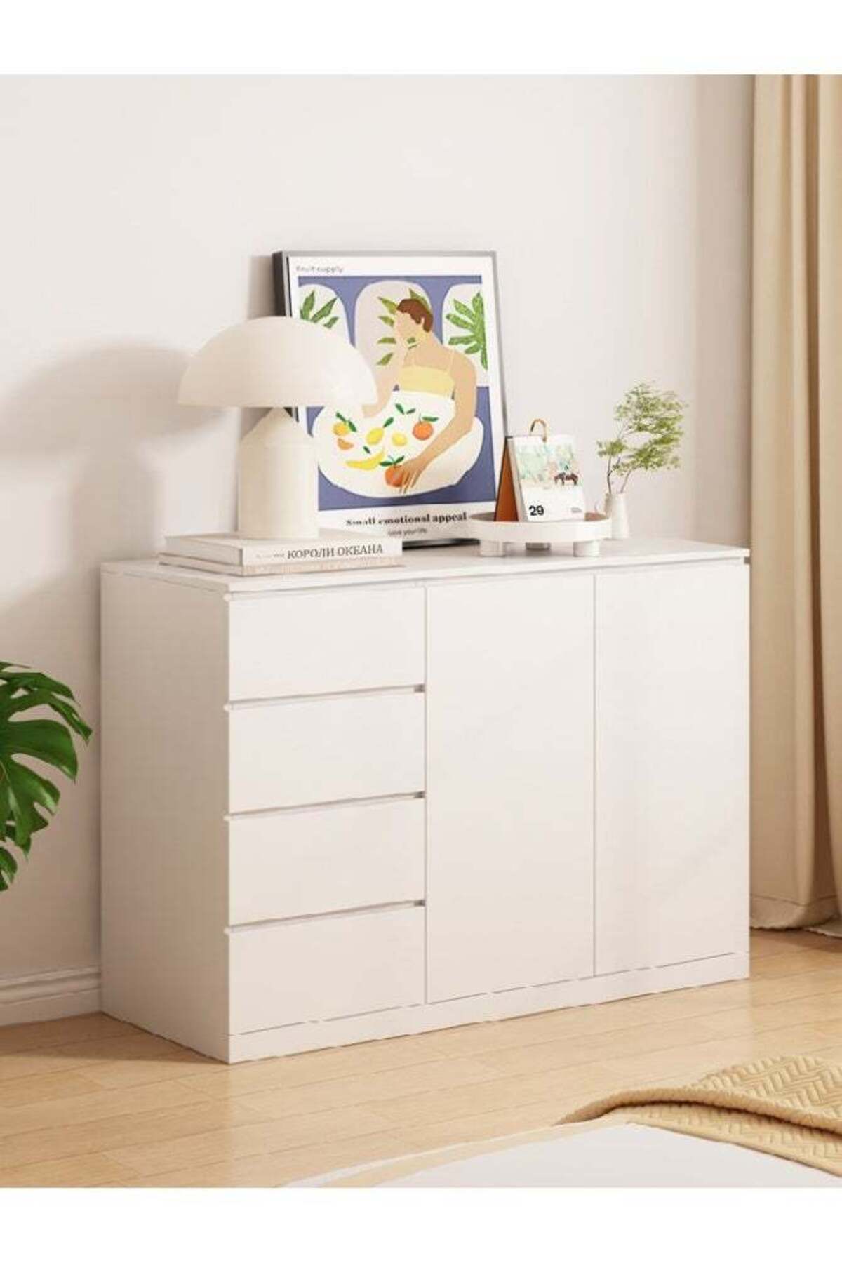 Chest of Drawers, Wooden Dresser for Bedroom, 4-Drawer and 2-Door Storage Cabinet for Household Items and Bedding, White, DGC001