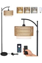 Arc Floor Lamp for Living Room, 3 Color Temperatures, Remote & Dimmable, Rattan & Fabric Shades