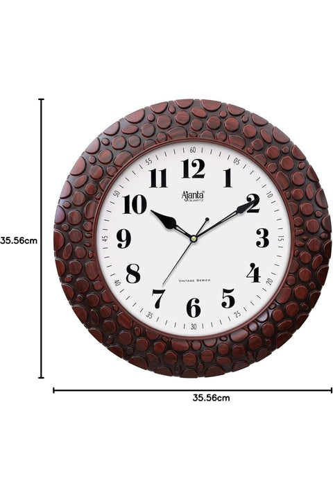 Plastic Wall Analogue Clock 14 Inches Vintage Sweep Wall Clock(No Tik Tik), Brown