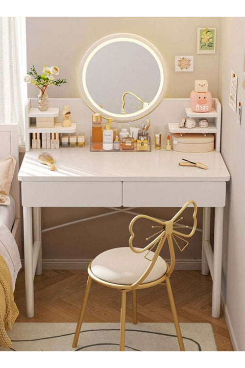 Bedroom Dressing Table Makeup Dressing Table with Mirror and Light, 2 Drawers and Storage Shelves, Vanity Table (Without Dressing Stool) 80*40*123cm