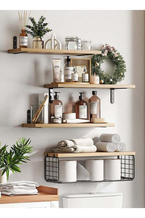 CozyNest 4Pcs Floating Wall Shelves, Rustic Wood and Metal Wall-Mounted Storage Racks with Mesh Guard, Multi-Layer Design, Natural Wood Color, Large & Deep Shelves for Bedroom, Bathroom, Kitchen, Livi