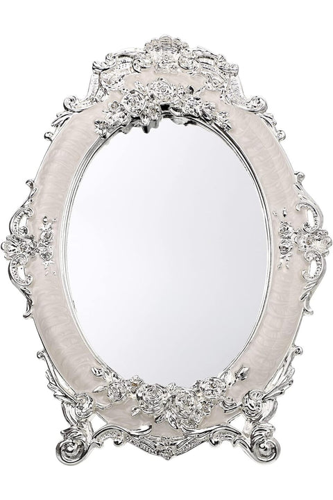 Small Tabletop Dressing Mirror Vintage Metal Desktop Mirror with Stand, Antique Embossed Roses Countertop Makeup Mirror Retro Oval Cosmetic Decorative Mirrors for Table Centerpieces