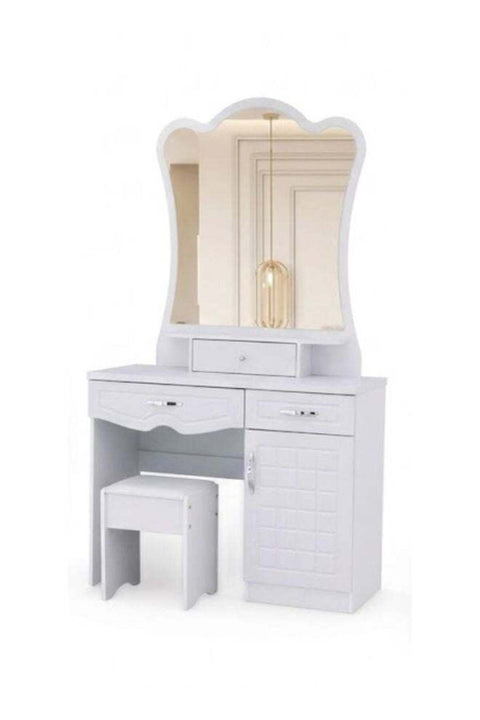 SUNLIT HOME Elegant Wooden Dressing Table Vanity Set with Arched Mirror and Matching Stool