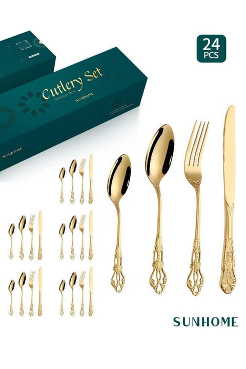 24-Piece Stainless Steel Cutlery Set, Western Tableware for Home Kitchen, Gold
