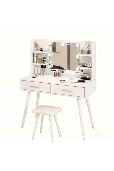 Vanity Desk with Mirror and Stool, Makeup Vanity Table with Storage Shelves and 2 Drawers, Dressing Table with Mirror and Cosmetic Storage 100×40×135CM