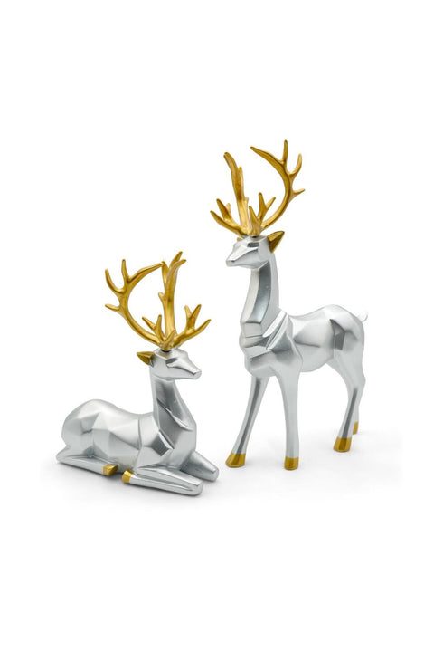 Beram Silver and Golden Crown Reindeer Figures Set Large and Small Resin Modern Geometric Deer Statues Elegant Silver Resin Reindeer Décor with Gold Antlers Luxury Christmas Holiday Home Ornaments
