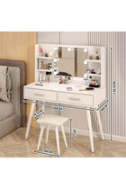 Bedroom Dresser and Stool Set, White Makeup Vanity Table for Girls with LED Light Mirror + 2 Drawers & Storage Shelves, 3 Light Modes Adjustable Brightness Dressing Desk