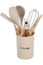 RF12957 7-Piece Silicone Kitchen Utensils Set with Wooden Handles – Heat-Resistant Cooking Tools with Holder, Spatula, Turner, Ladle, Oil Brush, Whisk & Food Tongs