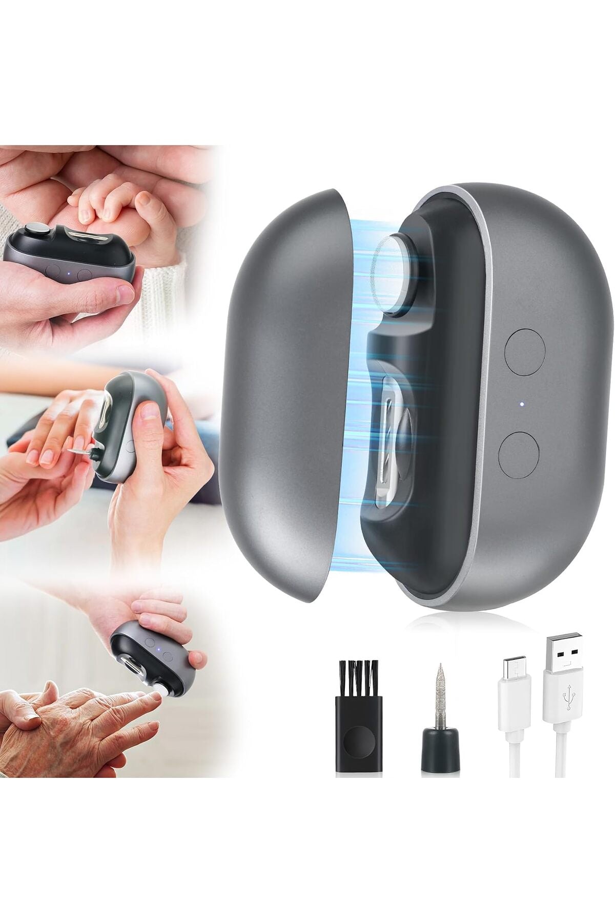 Electric Automatic Nail Clipper,Fingernail Cutter and File 2 in 1 Design, Nail Scraps Storage,USB Rechargeable Safety Fingernail Trimmer for Baby, Kids, Seniors and Adult (Black and Grey)