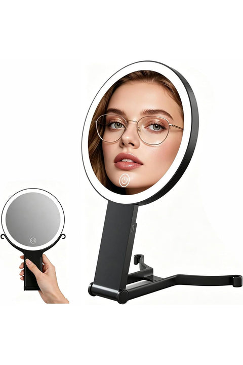 Travel Makeup Mirror with Lights, Rechargeable Double-Sided 10X/1X Magnifying Mirror, Portable Lighted Beauty Mirror, 3 Color Lighting, Dimmable Touch Screen, Tabletop Handhold Hanging