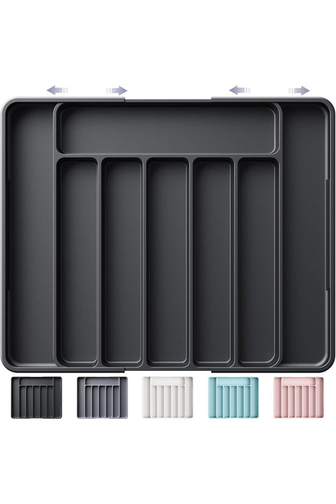 Silverware Organizer - Adjustable Kitchen Drawer Utensil Cutlery Tray, 30.8 × 20.5 × 4.2 cm, Black