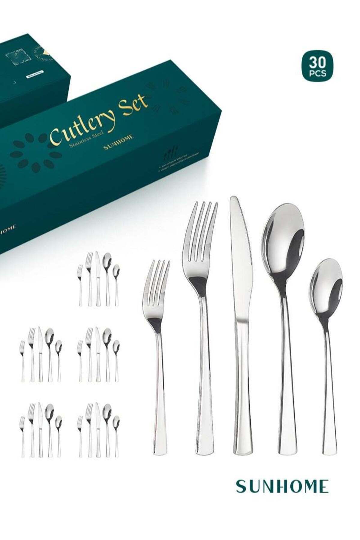 30-Piece Stainless Steel Cutlery Set Kitchen Utensil Set Western Tableware Silver