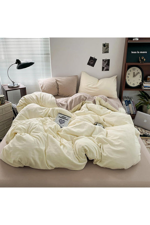 King Size 4 Pcs Duvet Cover Set, Washed Cotton Bedding Set - Khaki Cream