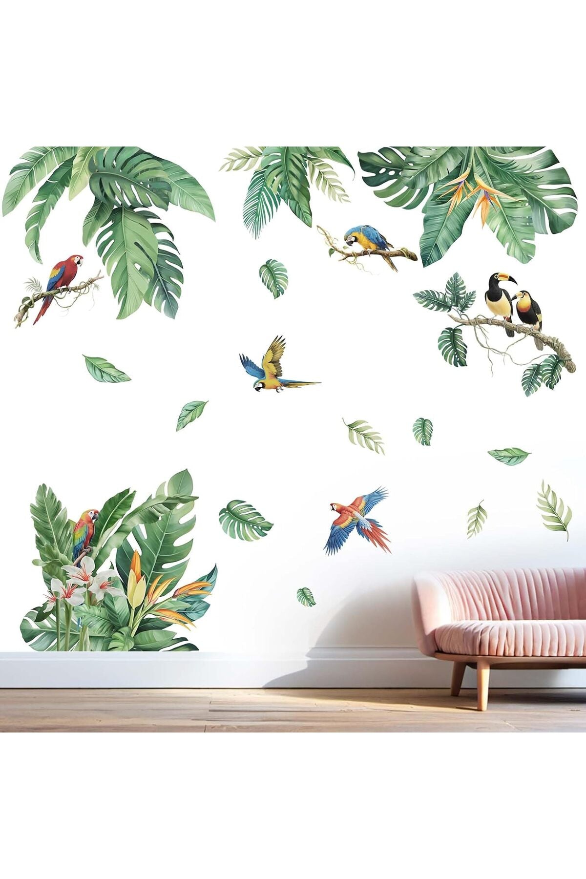 Tropical Leaves Wall Stickers for Women: Peel and Stick Green Plant Hanging Leaf Birds Wall Decals - Living Room Bedroom Nursery Home Vinyl Decor
