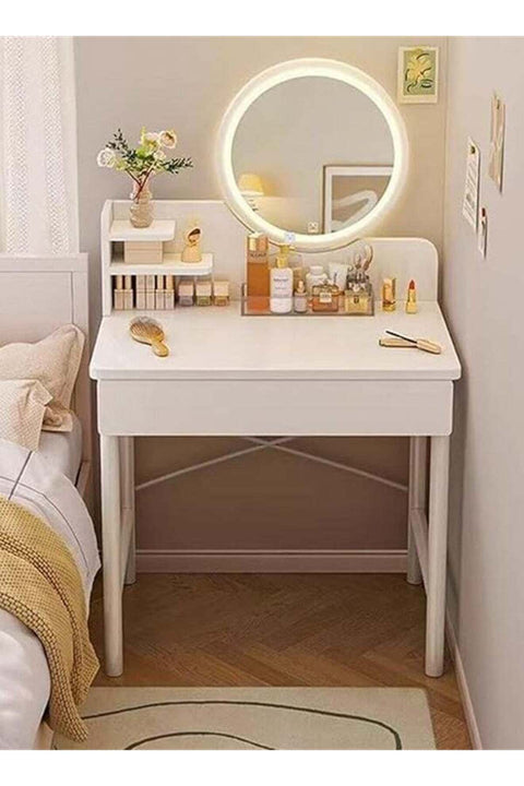 Vanity Desk, Makeup Dressing Table Vanity Bench with Adjustable Lighted LED Mirror, Multifunctional Dresser Makeup Storage Cabinet with Drawer for Women and Girls, White 60cm