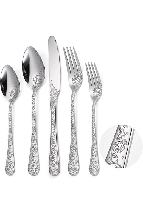 Floral Silverware Set, 5-Piece Silvery Stainless Steel Flatware with Rose Flower Design
