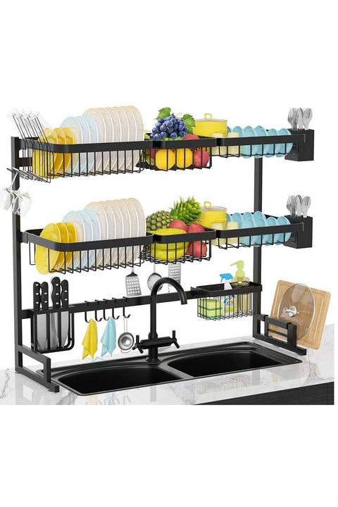 3 Layer Dish Drying Rack Over the Sink - 3 Tier Compact Kitchen Organizer and Storage Space Saver for Counter - Dish Drainer and Utensil Holder (Stainless Steel, Black Dish Rack)