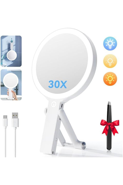 30X/1X Magnifying Travel Makeup Mirror, Round, Rechargeable Switch between handheld, tabletop and hanging use, with 3-color dimming, cordless power and included grooming tweezers