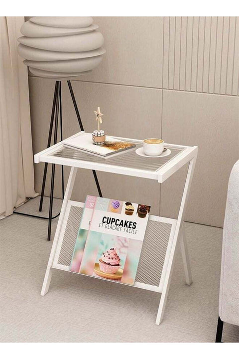 Multifunction Glass-top Sofa Side Table Accent End Table with Magazine Rack Bedside Nightstand Z Shaped Coffee Table Display Stand for Bedroom Living Room Small Space 50x37x57 cm
