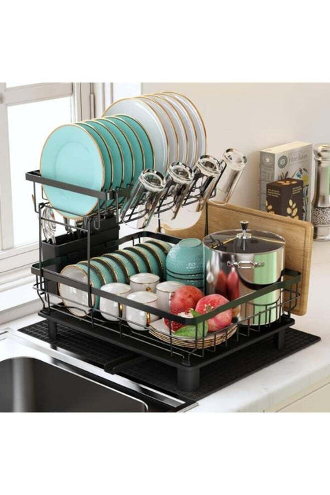 Festive Gallery Dish Drainer Rack, 2 Tier Dish Drainer with Drip Tray and Drainer Mat, Stainless Steel Dish Rack with Utensil Holder, Swivel Spout, Draining Board for Kitchen Counter, Black