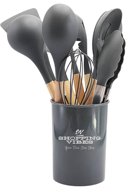 12PCS Kitchen Utensil Set Silicone Cooking Utensils Kit Spatula Heat Resistant Wooden Spoons Gadgets Tool for Non-Stick Cookware (Grey)