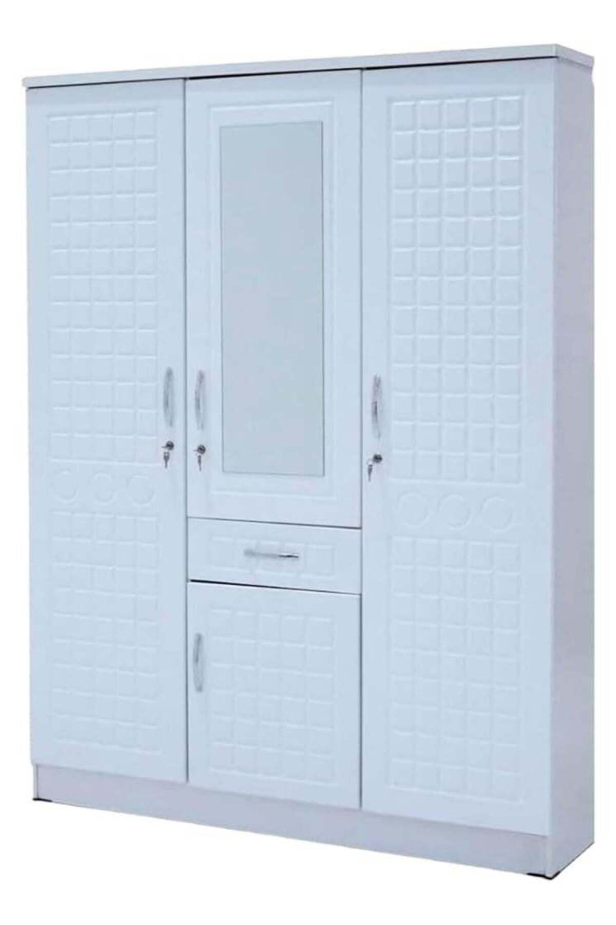SUNLIT HOME 3-Door Wooden Wardrobe with Mirror & Drawer – Multi-Shelf Storage Cabinet with Hanging Rail – White