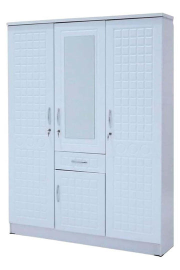 SUNLIT HOME 3-Door Wooden Wardrobe with Mirror & Drawer – Multi-Shelf Storage Cabinet with Hanging Rail – White