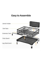 Extendable Dish Rack, Large Sink Drying Dish Drainer for Kitchen Counter, Stainless Steel Dish Strainer with Utensil Holder, Black