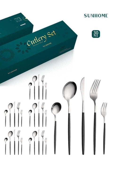 30-Piece Stainless Steel Cutlery Set Kitchen Utensil Set Western Tableware Black/Silver
