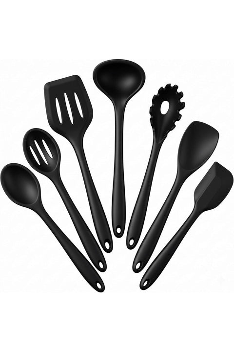 E-far Silicone Cooking Utensils Set, 7-Piece Black Heat Resistant Kitchen Utensils Set