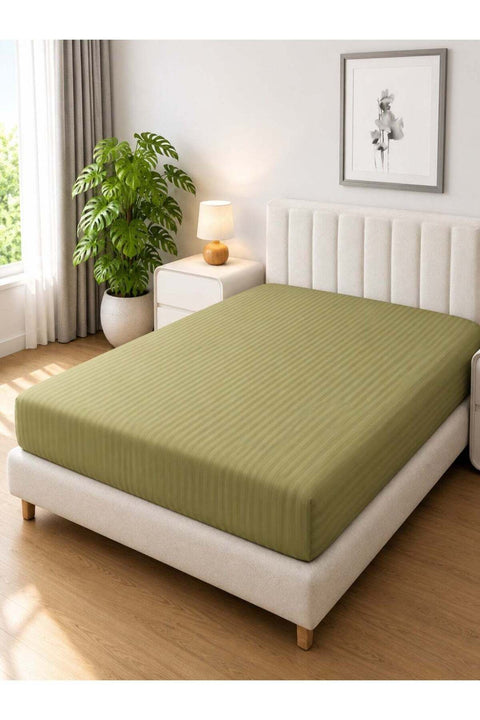 1-Piece Microfiber Fitted Sheet Striped,Color: Olive, King (180x 200 cm), Design Soft Fabric Deep Pocket Elastic Edge Bed Linen