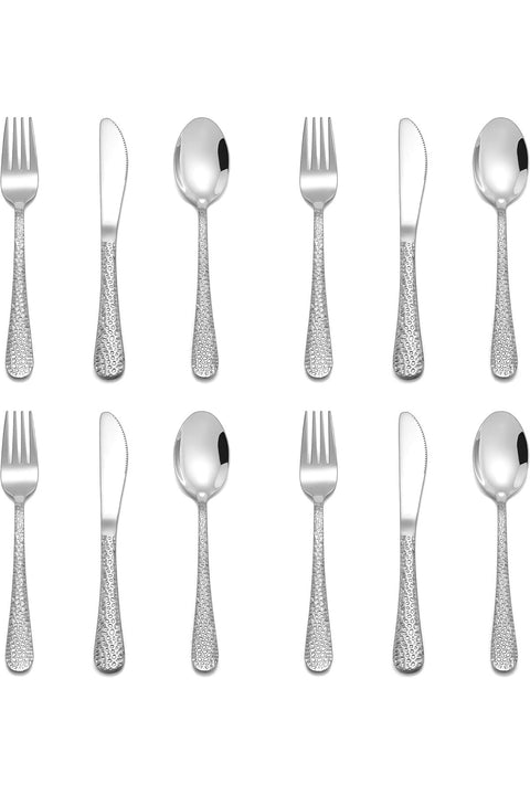 E-far 12-Piece Kids Silverware, Stainless Steel Toddler Utensils, Hammered Flatware (4 Forks, 4 Spoons, 4 Knives)